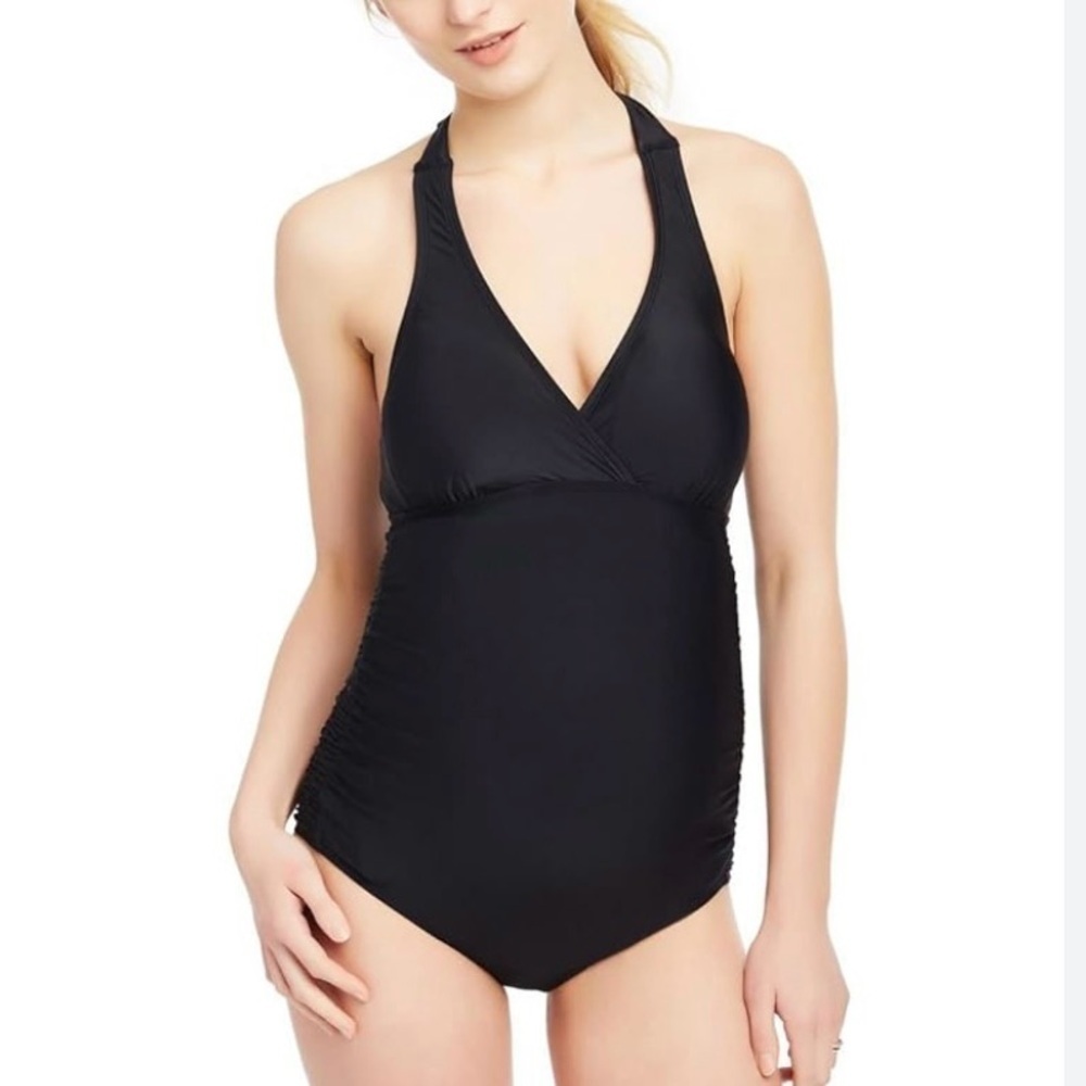 Motherhood Maternity One Piece Black Halter Ruched Swimsuit Medium